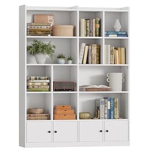 IRONCK Bookshelves and Bookcase, 6 Tiers Large Bookshelf with 4 Doors, Floor Standing Tall Display Storage Shelves for Home Office, Living Room, Bedroom, White