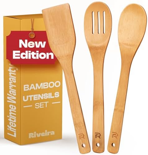 Riveira Bamboo Wooden Spoons for Cooking 3-Piece, Apartment Essen...