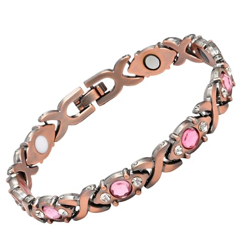 Women's Bracelet, Detachable Metal-Adhering Alloy Wristband, Ancient Red Copper with Pink Rhinestones, Adjustable European Style Fashion Jewelry, 7.9 in Circumference, Gift for Her