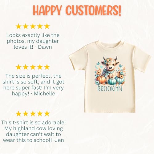Personalized Highland Cow T-Shirt for Girls, Custom Fall Western Wear Tee with Name, Short Sleeve Graphic Shirt, Autumn Pumpkin Cow Lover Gift for Girl3