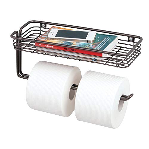 mDesign Toilet Tissue Paper Holder and Multi-Purpose Shelf - Wall Mount Storage Organizer