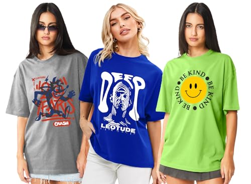Image of LEOTUDE Women Cottonblend Oversized Baggy Fit Half Sleeve Round Neck Multicolor Combo T-Shirt for Women & Girls (Pack of 3)