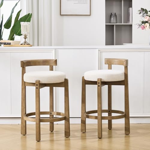 Image of CIMOTA 26.5 inch Counter Height Bar Stool, Mid Century Modern Low Back Bar Chair with Solid Wood Legs & Linen Upholstered Seat, Kitchen Island Stool, Beige (Single)