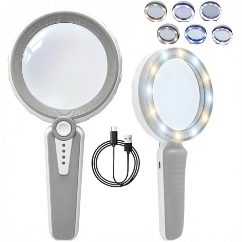 HUIBOER 45X Magnifying Glass with Light, 4.6 Inch 1200mAh USB Rechargeable, 6 Light Modes, Large Handheld Magnifier for Low Vision Seniors with Macular Degeneration, Reading, Jewelry, Coins - Grey