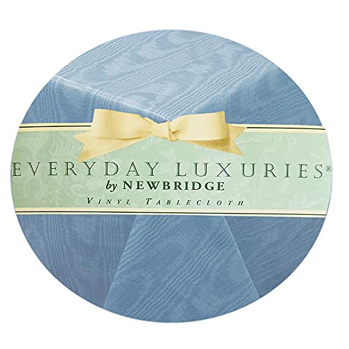 Newbridge Blue Moire Wavy Solid Color Print Heavy Weight Vinyl Flannel Backed Tablecloth, Indoor/Outdoor Vinyl Tablecloth With Flannel Backing, 52” X 70” Oblong/Rectangle #TOP1