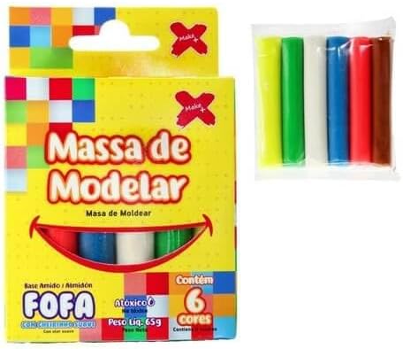 Embalagem amarela de massinha de modelar Make+ com 6 cores e um pacote plástico contendo as barras de massinha coloridas ao lado