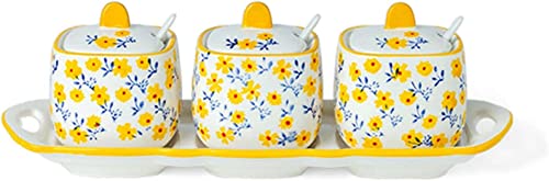 QYEURFOF Tarro para especias, Juego de té cerámica Oriental, juego tetera, tarro, azucarero con forma taza patrón dibujado a mano, vertedor azúcar