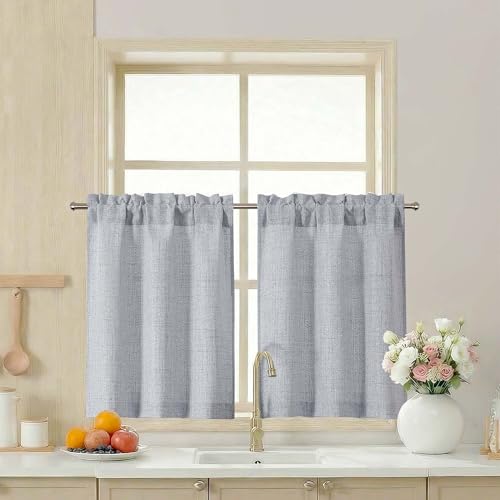 LIVEKID Grey Cafe Curtains 30 Inch Length, Light Filtering Faux Linen Textured Small Kitchen Curtains Over Sink, Half Window Short Privacy Curtain for Cabinet Bathroom Basement, 30x30 Inch, 2PCS