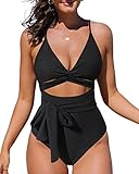 Roselychic One Piece Bathing Suit for Women High Waisted Swimsuits V Neck Wrap Tie Bathing Suit Swimwear Black