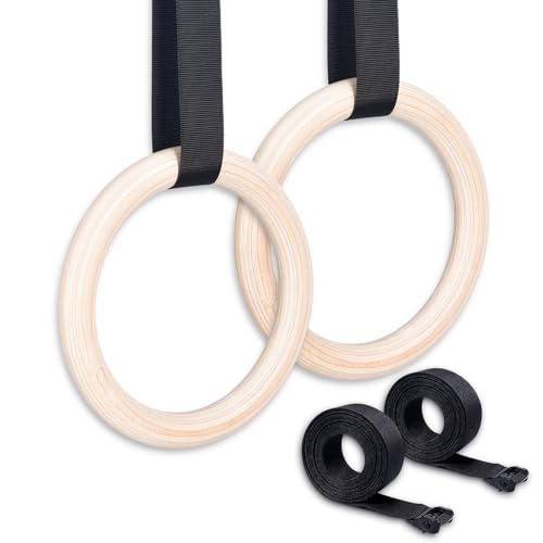 Turmegtt Anneaux Gymnastique en Bois, Anneau Musculation Anneaux en Bois 28 mm Gymnastique Norme, avec 2 Sangles RéGlables en Nylon 5.1m, Anneau Musculation Gym Rings pour Gym Domicile Bureau
