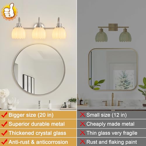 Image of Bathroom Light Fixtures(3-Light, 20 Inch), Brushed Nickel Vanity Lights for Bathroom with Ribbed White Tulip Glass Shade, Vintage Vanity Wall Lights for Mirror Bedroom Living Room Hallway