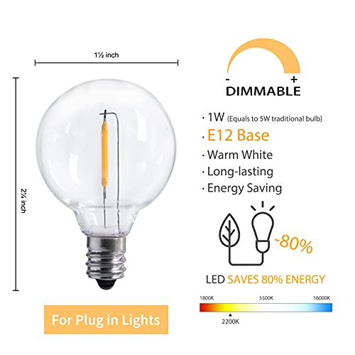 G40 Led Replacement Light Bulbs 1W Shatterproof Globe Bulb Fits E12 C7 Candelabra Screw Base, 1.5 Inch Dimmable Light Bulbs For Indoor Outdoor String Lights, Patio Cafe Decor, Warm White, 25 Pack #TOP1