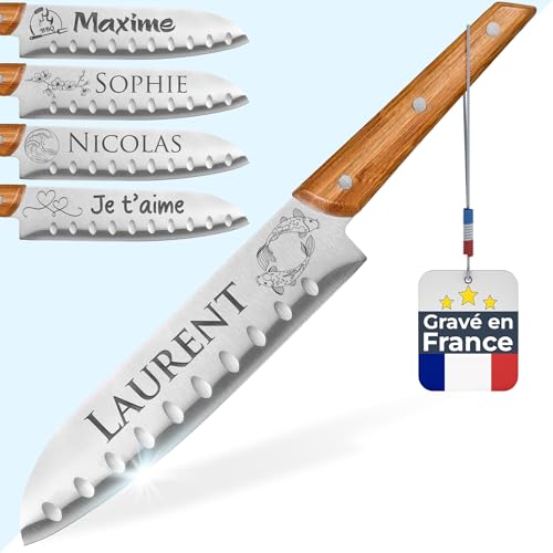 Couteau de cuisine personnalisé - Couteau de chef personnalisable - Santoku à personnaliser - Manche en bambou - Lame acier inoxydable gravé - Idée cadeau homme anniversaire, Saint-Valentin (Santoku)