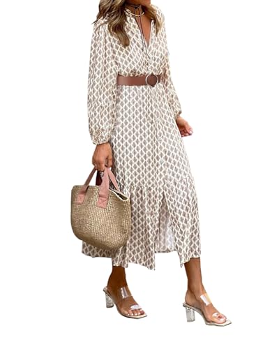 LOLONG Women's Casual Button Front Midi Dresses Spring 2025 Puff Long Sleeve Printed Ruffle Hem Boho Flowy Dress