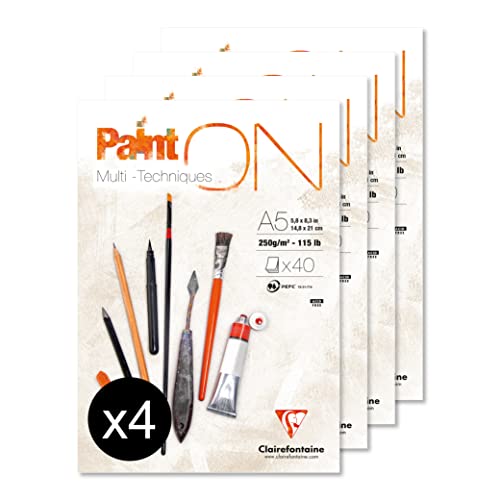 Clairefontaine 96538Cpack - Bloc Collé PaintON Multi-techniques - 40 Feuilles Papier Dessin Multi-techniques au Grain Très Léger - Blanc - A5 14,8x21 cm 250g - Paquet de 4 Blocs