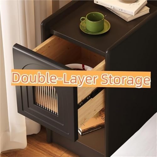 Minimalist Slim Wood Nightstand with Drawer & Open Shelf - Compact Bedside Table for Small Spaces, Modern Living Room Furniture, Creative Design (Black)