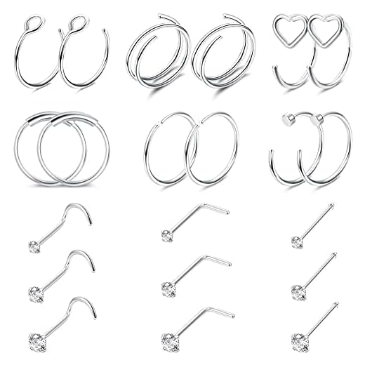 Besteel 21Pcs 22G Nose Rings Hoops 20G Surgical Steel Nose Studs Nostril Nose Piercings Jewelry for Women Men Heart Double Nose Ring Hoop for Single Piercing 1.5mm 2mm 2.5mm CZ silver