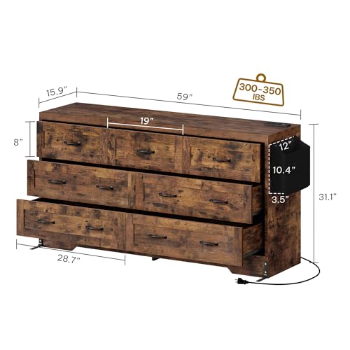 DWVO Farmhouse 7 Drawer Dresser for Bedroom, 60 Inch Large Modern Dresser TV Stand with Drawers & Bar Handles, Storage Dressers with Power Outlets, Rustic Wood Chest of Drawers, Rustic Brown Upgraged