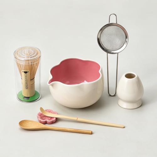 ChaseWind Matcha Set, 8Pcs Floral Ceramic Matcha Kit with Matcha Whisk, Holder, Scoop, Scoop Rest, Sifter, Spoon and Tea Towel - Thoughtful Matcha Whisk Set Gift for Matcha Lovers (Beige & Pink)