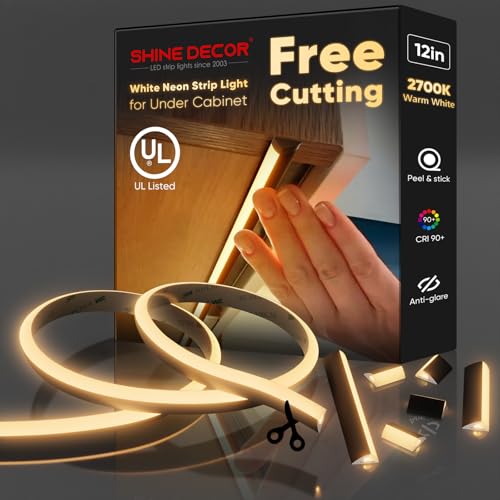 Shine Decor Under Cabinet Lighting Strip, Free Cuttable LED Silicone Neon Rope Hardwired 24V Anti-Glare Bright Cozy 228 Lumen for Indoor, Adhesive Black Shell 2700K Warm 12” UL Certified, No Adapter
