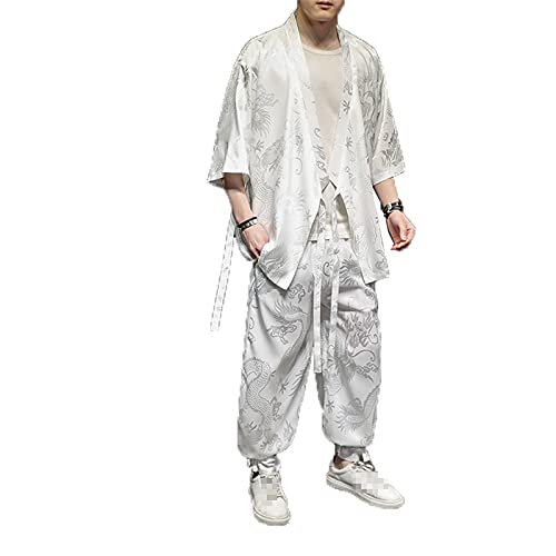 Costume d'été pour homme style chinois avec motif dragon - Tenue ample - Grande taille - Cardigan à manches courtes - Blanc - XXL Cover