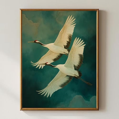 Grues japonaises en vol affiche vintage toile zen 60x80cm