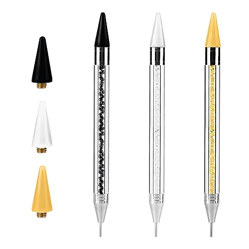 3pcs Dual-Ended Nail Art Wax Manicure Pens with 3pcs Replacement Heads, Acrylic Handle Rhinestone Drill Crystals Gems Studs Picker Dotting Pen Diamond Art Painting for DIY Nail Design Pick up Beads