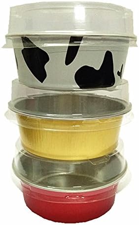 Set of 24, MYStar 3-3/4" Round Shape Non-stick Aluminum Cups, Tarlet Pans, Mini Pie Tins with Lids and Spoons for Muffin, Cupcake & Pudding, 150ml, 3 colours