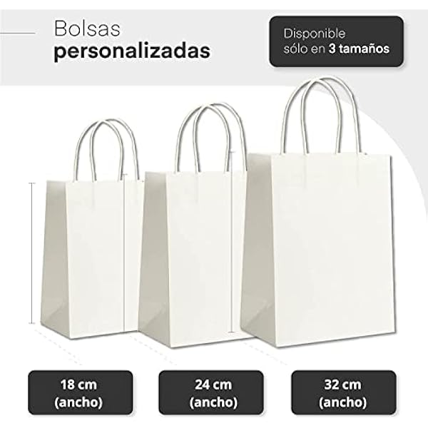100 Bolsas papel kraft personalizadas bolsas de papel con asas bolsa de papel personalizable para bodas y comuniones, con el logo de tu negocio. (Blanco, 24x12x32)