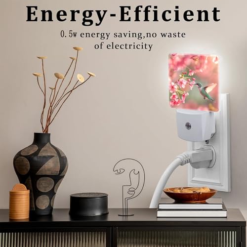 Image of Hummingbird with Cherry Blossoms Night Light Plug into Wall, Pink Flowers Bird Dusk to Dawn Night Light Plug in,0.5w Energy Saving Sleep Friendly NightLight for Kids Boys Girls Home Decor