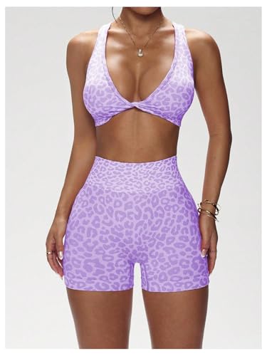 SHENHE Women's Leopard Workout Set 2 Piece Twist Front Cross Back Sports Bra Biker Shorts Set4