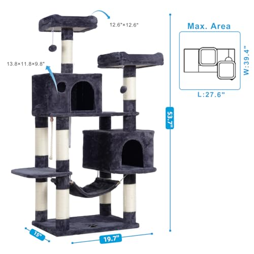 Image of Hey-brother Large Multi-Level Cat Tree Condo Furniture with Sisal-Covered Scratching Posts, 2 Bigger Plush Condos, Perch Hammock for Kittens, Cats and Pets Smoky Gray MPJ020G