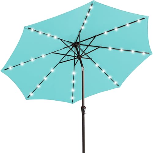 Image of JEAREY 9FT Outdoor Patio Umbrella with Solar Lights, LED Lighted Pool Umbrella with Tilt and Crank, Outdoor Table Umbrellas for Deck, Yard & Market (Teal)