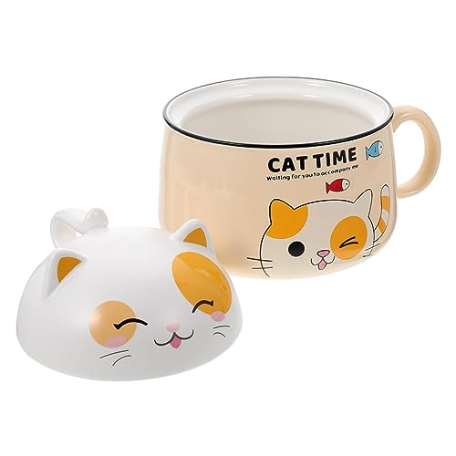 PRETYZOOM Capacity Cat Ceramic Bowl with Lid Decorative Noodle Bowl for Kitchen Tableware Smooth and Easy Instant Noodles and Rice Cute Cat Design