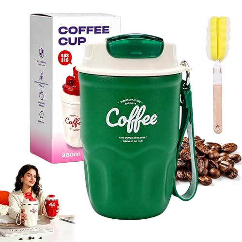 Image of GDSAFS Coffee Vacuum Flask, 12 OZ Insulated Coffee Travel Mug with Led Digital Temperature Display, Coffee Travel Mug Spill Proof with Carry Cord for Keep Hot /Ice Coffee,Tea and Beer (1pc-green-base)