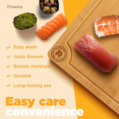 Riveira Wood Cutting Board – Gourmet Bamboo Grandeur: 18 x 12 Bamboo Cutting Boards For Kitchen – Natural Wooden Cutting Boards For Kitchen – Innovative Juice Grooves Bamboo Cutting Board Riveira Wood Cutting Board – Gourmet Bamboo Grandeur: 18 x 12 Bamboo Cutting Boards For Kitchen – Natural Wooden Cutting Boards For Kitchen – Innovative Juice Grooves Bamboo Cutting Board