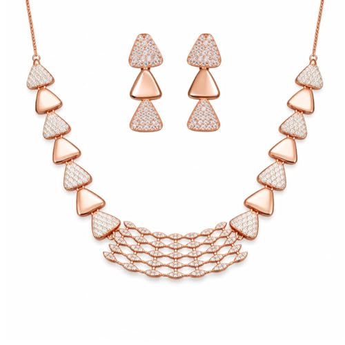 Image of Nilu's Collection Rose Gold Plated AD Stone Jewellery Set for Women, Girls | Special Ocassion, Wedding, Engagement, Dating | Anti Tarnish | Anti Allergy | Necklace and Earring Set | Gift for Her