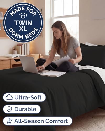 Image of Duvet Cover Twin /Twin XL Size Set - Extra Soft Twin /Twin XL Duvet Cover 68 inch x 90 inch with 1 Pillow Sham for Women, Men, Kids & Teens - Comfy, Easy-Care & Fade Free with Zipper Closures and Ties (Black)