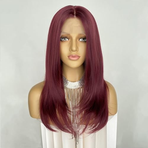 CIMITIKI Layered Wigs Burgundy Color 13x4 Lace Front Wig #99J Wine Red Shoulder Length Synthetic Heat Resistant Hair Pre Plucked 18Inch Long Wavy for Women