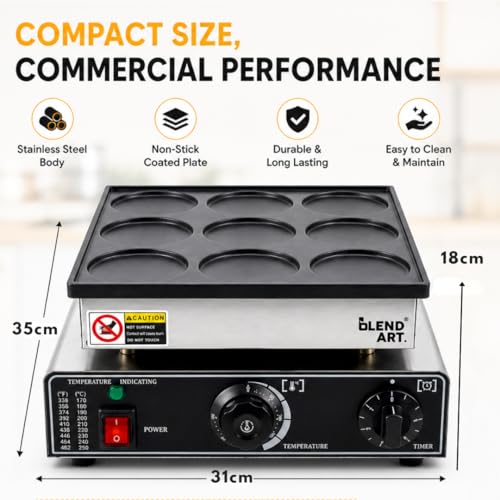 Image of Blend Art Mini Pancake Maker Machine Commercial Electric Non Stick Pancake Baker Stainless Steel Adjustable Temperature 50-300C Fast Heating for Bakery Cafe Food Stall Home (9 pcs)