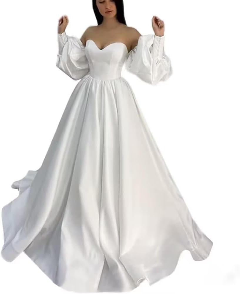 Simple Satin Wedding Dresses for Bride Women Off Shoulder Sleeveless Ball Gown Beach Bridal Gown with Train