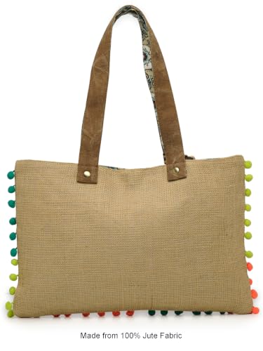 Image of The House of tara Jute Tote Handbag | Brown Beige Printed Shoulder Bag | Tassel Embellished | Magnetic Closure | Zipper Compartment | Casual Bag for College, Office & Daily Use | For Women