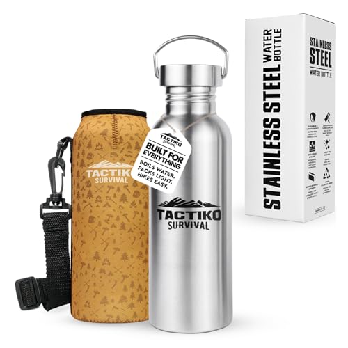 Tactiko Survival 25 oz/750 ml Stainless Steel Wide Mouth Water Bottle, Single Wall Boil-Safe, Leakproof, BPA-Free with Carry Sleeve and Strap for Camping, Hiking, Outdoor Prep (Tan)