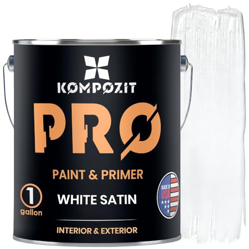 KOMPOZIT Acrylic Paint & Primer (2-in-1) - White Satin - Interior & Exterior Painting House - Walls Ceilings Doors Trim All-purpose Quick-drying Odorless Paint - Made in USA (1 Gallon)