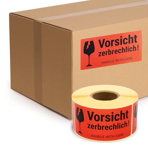 MD Labels Vorsicht zerbrechlich Aufkleber 100x50mm- 500 Stück- Versandaufkleber mit Aufdruck Vorsicht Glas & Handle with Care – Umzugsaufkleber für Pakete, Kartons, Transport & Lagerung