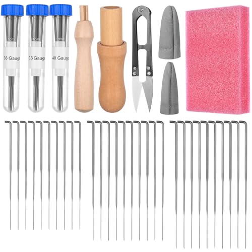 32 Kit de Agujas de Fieltro, Kit de Fieltro de Aguja Perforadoras para Manualidades, Agujas para FieltrarKit de iniciación con mango de madera para manualidades y animales de lana, con accesorios