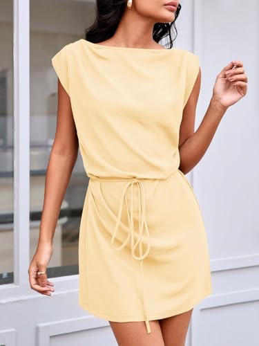 Image of Wenrine Womens 2026 Summer Mini Dress Casual Sleeveless Tie Waist Loose Ruched Beach Vacation Short Sundresses