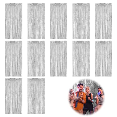 12 tende in orpello, color argento, con glitter, decorazione per sfondo, con frange, per compleanno, Natale, Capodanno, matrimoni, feste, 1 x 2 m