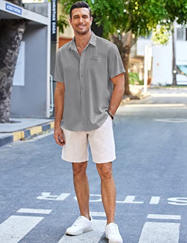 Coofandy Men's Vacation Shirts Casual Button Down Shirts Short Sleeve Beach Linen Shirts Grey #TOP3