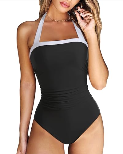 RXRXCOCO Women Retro One Piece Swimsuit Tummy Control Halter Vintage Bathing Suit